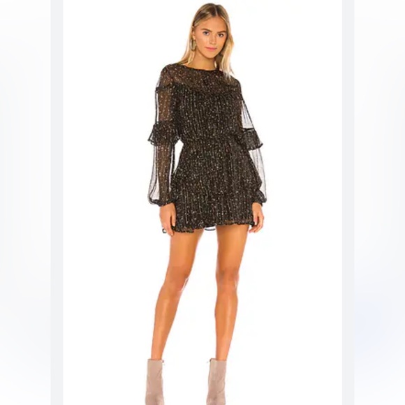 Tularosa Black Gold Metallic Pinstripe Tiered Ruffle Mini Dress XS Boho (598) - Picture 2 of 12